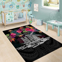 Personalised Hawaii Area Rug Humpback Whale Tattoo With Tropical Flowers Black LT14 - Polynesian Pride