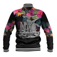 Personalised Hawaii Baseball Jacket Humpback Whale Tattoo With Tropical Flowers Black LT14 - Polynesian Pride