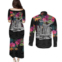 Personalised Hawaii Couples Matching Puletasi and Long Sleeve Button Shirt Humpback Whale Tattoo With Tropical Flowers Black LT14 - Polynesian Pride