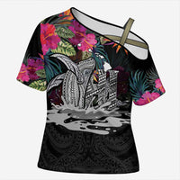 Personalised Hawaii Cross Shoulder Shirt Humpback Whale Tattoo With Tropical Flowers Black LT14 Female Black - Polynesian Pride