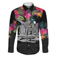 Personalised Hawaii Family Matching Mermaid Dress and Hawaiian Shirt Humpback Whale Tattoo With Tropical Flowers Black LT14 Dad's Shirt - Long Sleeve Black - Polynesian Pride