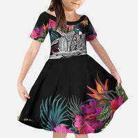 Personalised Hawaii Family Matching Puletasi and Hawaiian Shirt Humpback Whale Tattoo With Tropical Flowers Black LT14 Daughter's Dress Black - Polynesian Pride
