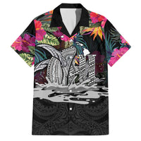 Personalised Hawaii Family Matching Puletasi and Hawaiian Shirt Humpback Whale Tattoo With Tropical Flowers Black LT14 Dad's Shirt - Short Sleeve Black - Polynesian Pride