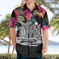 Personalised Hawaii Hawaiian Shirt Humpback Whale Tattoo With Tropical Flowers Black