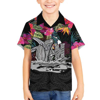 Personalised Hawaii Hawaiian Shirt Humpback Whale Tattoo With Tropical Flowers Black