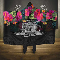 Personalised Hawaii Hooded Blanket Humpback Whale Tattoo With Tropical Flowers Black LT14 - Polynesian Pride