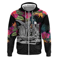 Personalised Hawaii Hoodie Humpback Whale Tattoo With Tropical Flowers Black LT14 Zip Hoodie Black - Polynesian Pride