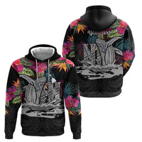 Personalised Hawaii Hoodie Humpback Whale Tattoo With Tropical Flowers Black LT14 - Polynesian Pride