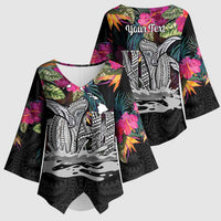 Personalised Hawaii Kimono Sleeve Blouse Humpback Whale Tattoo With Tropical Flowers Black LT14 - Polynesian Pride