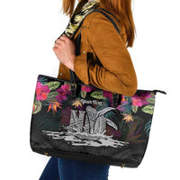 Personalised Hawaii Leather Tote Bag Humpback Whale Tattoo With Tropical Flowers Black LT14 Black - Polynesian Pride