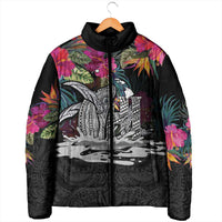 Personalised Hawaii Padded Jacket Humpback Whale Tattoo With Tropical Flowers Black LT14 - Polynesian Pride