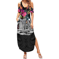 Personalised Hawaii Summer Maxi Dress Humpback Whale Tattoo With Tropical Flowers Black