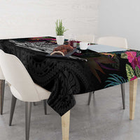 Personalised Hawaii Tablecloth Humpback Whale Tattoo With Tropical Flowers Black LT14 - Polynesian Pride