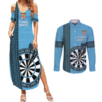 Personalised Fiji Darts Couples Matching Summer Maxi Dress and Long Sleeve Button Shirt Fijian Tapa Pattern - Blue