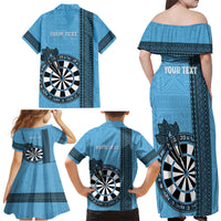 Personalised Fiji Darts Family Matching Off Shoulder Maxi Dress and Hawaiian Shirt Fijian Tapa Pattern - Blue