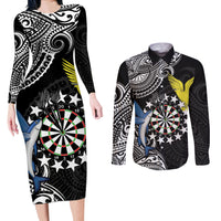 Personalised Cook Islands Darts Couples Matching Long Sleeve Bodycon Dress and Long Sleeve Button Shirt Kuki Airani Tribal Pattern LT14 Black - Polynesian Pride