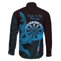 Aloha Hawaii Darts Family Matching Off Shoulder Maxi Dress and Hawaiian Shirt Dart Board With Polynesian Shark - Blue LT14 - Polynesian Pride