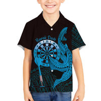 Aloha Hawaii Darts Family Matching Puletasi and Hawaiian Shirt Dart Board With Polynesian Shark - Blue LT14 Son's Shirt Blue - Polynesian Pride