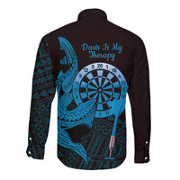 Aloha Hawaii Darts Long Sleeve Button Shirt Dart Board With Polynesian Shark - Blue LT14 - Polynesian Pride