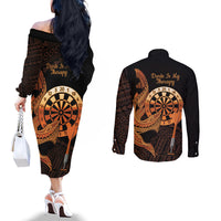 Aloha Hawaii Darts Couples Matching Off The Shoulder Long Sleeve Dress and Long Sleeve Button Shirt Dart Board With Polynesian Shark - Gold LT14 - Polynesian Pride