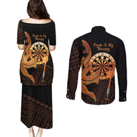 Aloha Hawaii Darts Couples Matching Puletasi and Long Sleeve Button Shirt Dart Board With Polynesian Shark - Gold