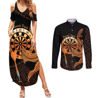 Aloha Hawaii Darts Couples Matching Summer Maxi Dress and Long Sleeve Button Shirt Dart Board With Polynesian Shark - Gold LT14 Gold - Polynesian Pride
