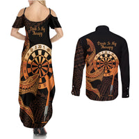 Aloha Hawaii Darts Couples Matching Summer Maxi Dress and Long Sleeve Button Shirt Dart Board With Polynesian Shark - Gold LT14 - Polynesian Pride