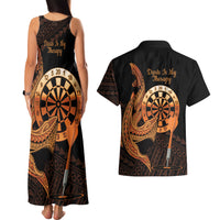 Aloha Hawaii Darts Couples Matching Tank Maxi Dress and Hawaiian Shirt Dart Board With Polynesian Shark - Gold LT14 - Polynesian Pride