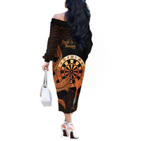 Aloha Hawaii Darts Off The Shoulder Long Sleeve Dress Dart Board With Polynesian Shark - Gold
