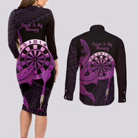 Aloha Hawaii Darts Couples Matching Long Sleeve Bodycon Dress and Long Sleeve Button Shirt Dart Board With Polynesian Shark - Purple LT14 - Polynesian Pride