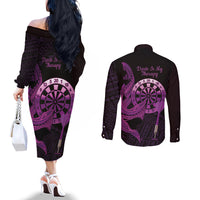 Aloha Hawaii Darts Couples Matching Off The Shoulder Long Sleeve Dress and Long Sleeve Button Shirt Dart Board With Polynesian Shark - Purple LT14 - Polynesian Pride
