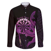 Aloha Hawaii Darts Family Matching Mermaid Dress and Hawaiian Shirt Dart Board With Polynesian Shark - Purple LT14 Dad's Shirt - Long Sleeve Purple - Polynesian Pride