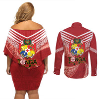Tonga Darts Couples Matching Off Shoulder Short Dress and Long Sleeve Button Shirt Tongan Ngatu Pattern