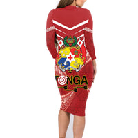 Tonga Darts Family Matching Long Sleeve Bodycon Dress and Hawaiian Shirt Tongan Ngatu Pattern