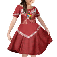 Tonga Darts Family Matching Off Shoulder Maxi Dress and Hawaiian Shirt Tongan Ngatu Pattern LT14 Daughter's Dress Red - Polynesian Pride
