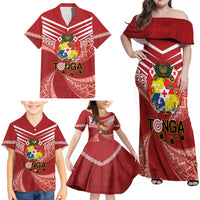 Tonga Darts Family Matching Off Shoulder Maxi Dress and Hawaiian Shirt Tongan Ngatu Pattern LT14 - Polynesian Pride