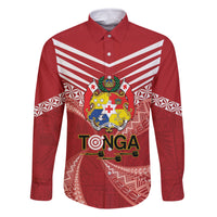 Tonga Darts Family Matching Off Shoulder Maxi Dress and Hawaiian Shirt Tongan Ngatu Pattern LT14 Dad's Shirt - Long Sleeve Red - Polynesian Pride