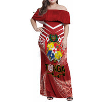 Tonga Darts Family Matching Off Shoulder Maxi Dress and Hawaiian Shirt Tongan Ngatu Pattern LT14 Mom's Dress Red - Polynesian Pride