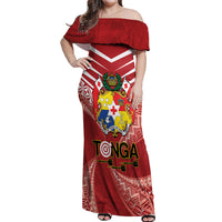 Tonga Darts Off Shoulder Maxi Dress Tongan Ngatu Pattern LT14 Women Red - Polynesian Pride
