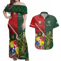 Custom Tonga And Ireland Rugby Couples Matching Off Shoulder Maxi Dress and Hawaiian Shirt Ikale Tahi With Shamrocks LT14 Red - Polynesian Pride