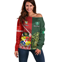 Custom Tonga And Ireland Rugby Off Shoulder Sweater Ikale Tahi With Shamrocks LT14 Women Red - Polynesian Pride