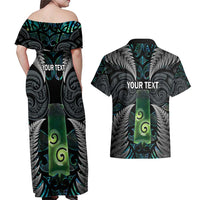 Personalised New Zealand Toki Couples Matching Off Shoulder Maxi Dress and Hawaiian Shirt Silver Fern Mix Aotearoa Maori Pattern