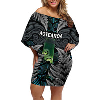 Personalised New Zealand Toki Family Matching Off Shoulder Short Dress and Hawaiian Shirt Silver Fern Mix Aotearoa Maori Pattern LT14 Mom's Dress Black - Polynesian Pride