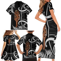 New Zealand Maripi Family Matching Short Sleeve Bodycon Dress and Hawaiian Shirt Silver Fern Mix Aotearoa Maori Pattern LT14 - Polynesian Pride