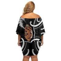 New Zealand Maripi Off Shoulder Short Dress Silver Fern Mix Aotearoa Maori Pattern