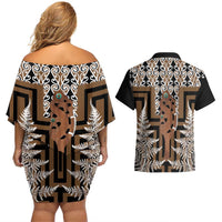 New Zealand Couples Matching Off Shoulder Short Dress and Hawaiian Shirt Maori Maripi Knife With Poutama Art