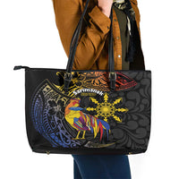 Philippines Sarimanok Leather Tote Bag Papanok Legendary Bird Okir Polynesian Pattern