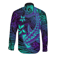 Purple Polynesian Family Matching Outfits Off Shoulder Maxi Dress And Hawaiian Shirt Tribal Hammerhead Shark LT14