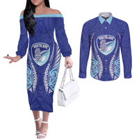 Northland 2026 Rugby Custom Couples Matching Off The Shoulder Long Sleeve Dress and Long Sleeve Button Shirt NZ Maori Silver Fern LT14 Blue - Polynesian Pride