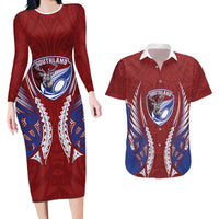 Southland 2026 Rugby Custom Couples Matching Long Sleeve Bodycon Dress and Hawaiian Shirt NZ Maori Silver Fern LT14 Maroon - Polynesian Pride